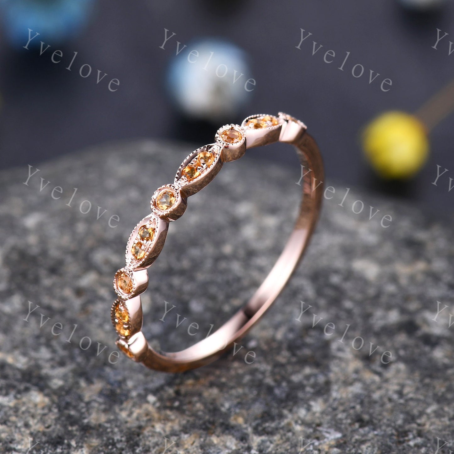 Natural citrine wedding band 14k rose gold art deco half eternity ring IF citrine matching band milgrain style anniversary ring customized