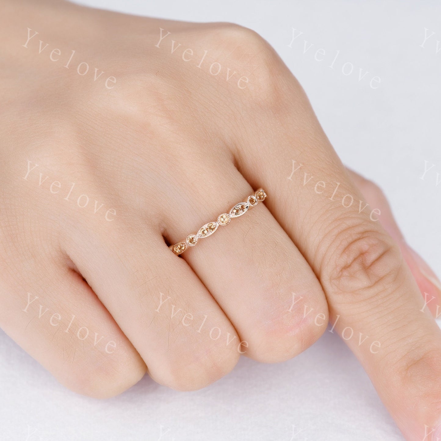 Natural citrine wedding band 14k rose gold art deco half eternity ring IF citrine matching band milgrain style anniversary ring customized