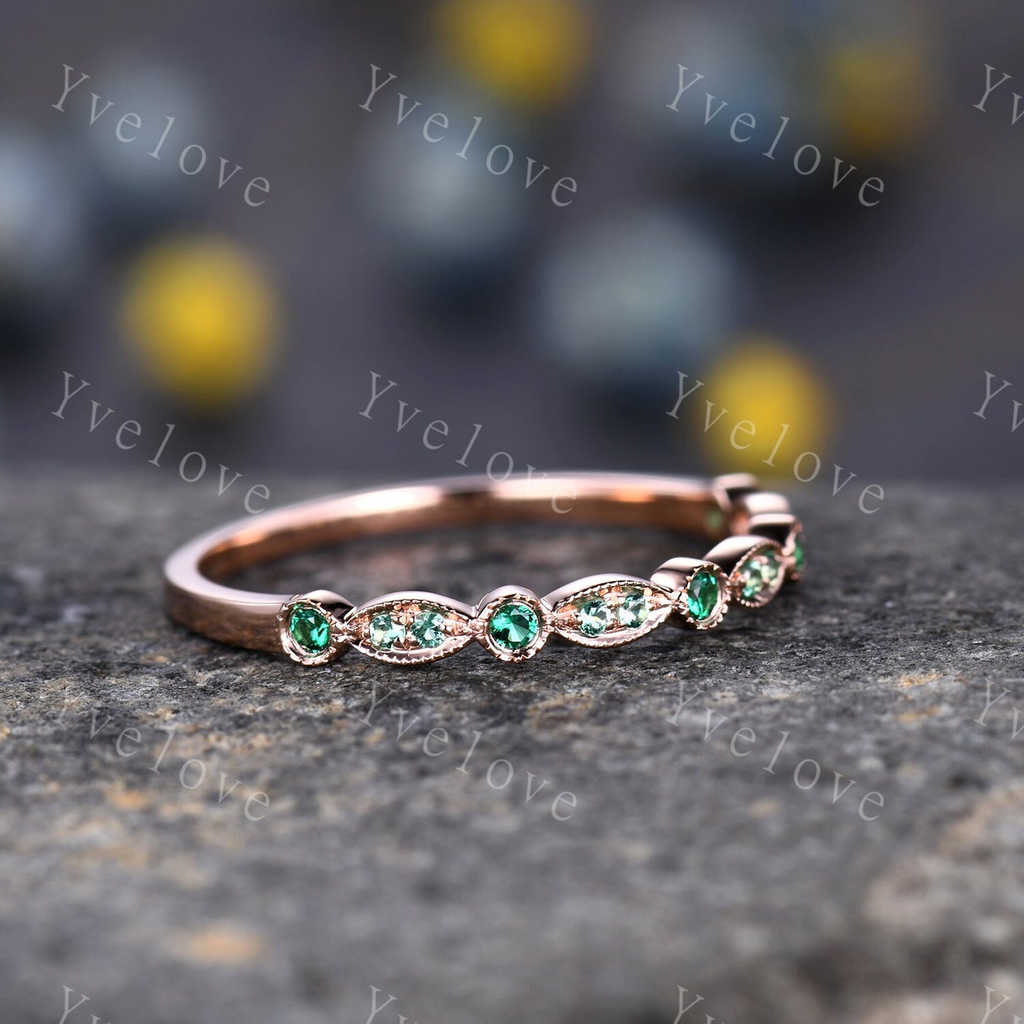 Emerald wedding band 14k rose gold art deco half eternity ring Emerald matching band simple ring anniversary ring May Birthstone customized