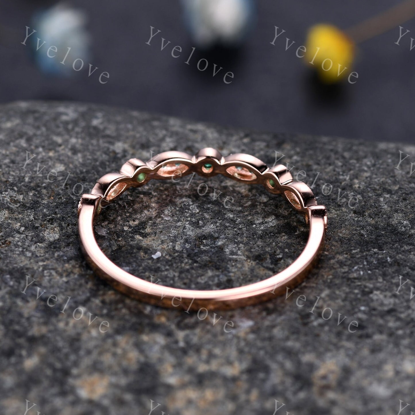 Emerald wedding band 14k rose gold art deco half eternity ring Emerald matching band simple ring anniversary ring May Birthstone customized
