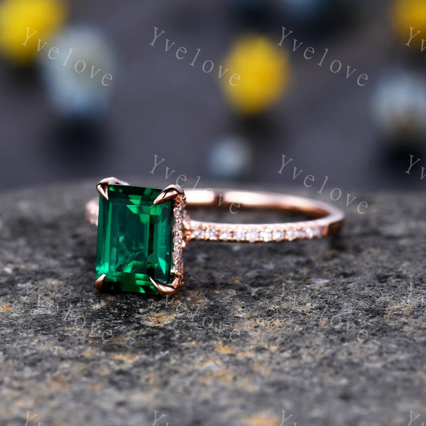 Emerald engagement ring 6x8mm emerald-cut lab created emerald ring real diamond wedding band diamond setting 14k rose gold birthstone ring
