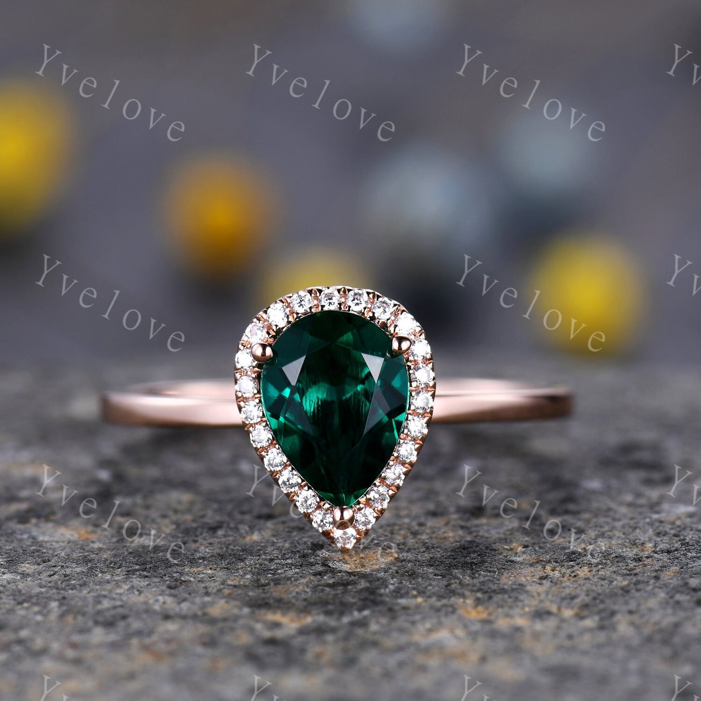 Vintage Blue sandstone engagement ring,Teardrop Diamond Solitaire Ring,14k rose gold,diamond matching band,Plain Band,Christmas Gift,Custom
