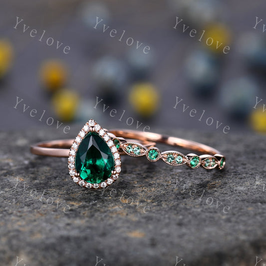 Emerald engagement ring set,Pear cut Emerald Solitaire Ring,14k yellow gold,May Birthstone Ring, Half Eternity diamond matching band Custom