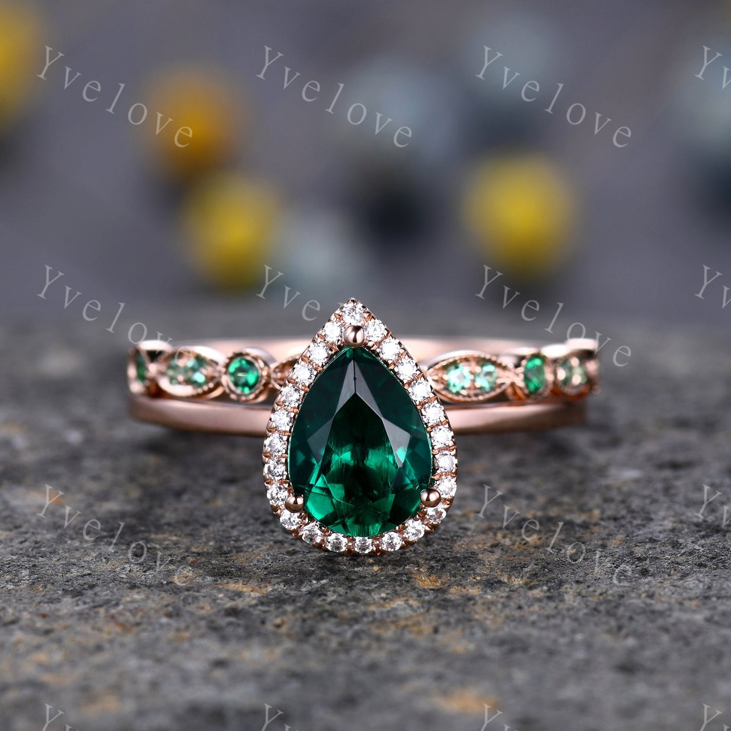 Emerald engagement ring set,Pear cut Emerald Solitaire Ring,14k yellow gold,May Birthstone Ring, Half Eternity diamond matching band Custom