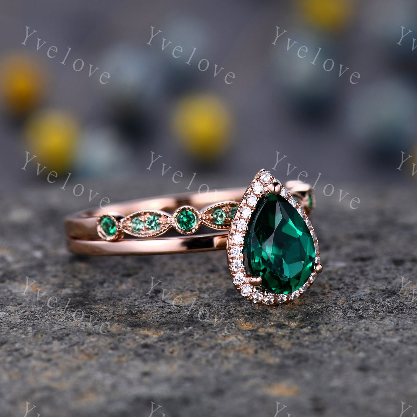 Emerald engagement ring set,Pear cut Emerald Solitaire Ring,14k yellow gold,May Birthstone Ring, Half Eternity diamond matching band Custom