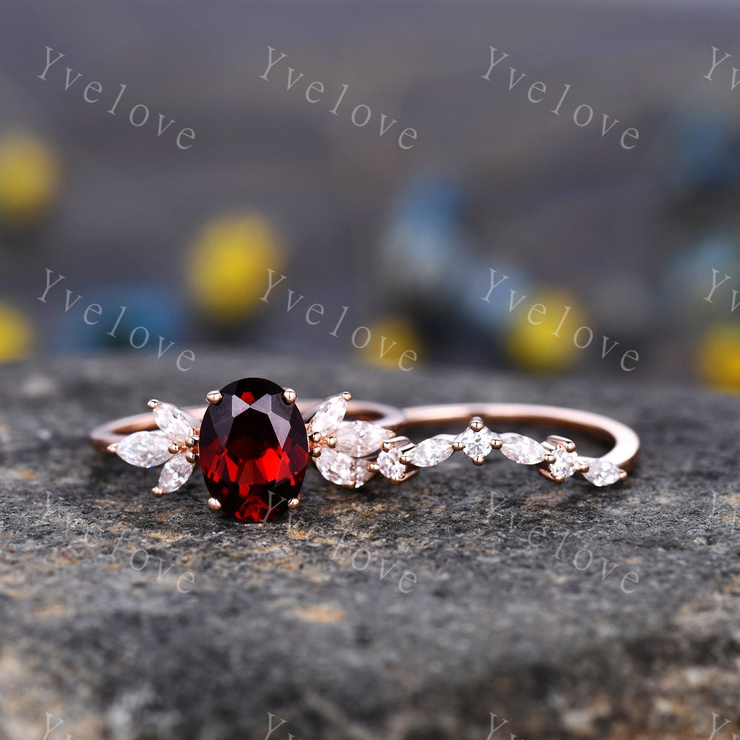 Garnet engagement ring set rose gold art deco ring moissanite stackng matching band women promise ring bridal set anniversary gift for her