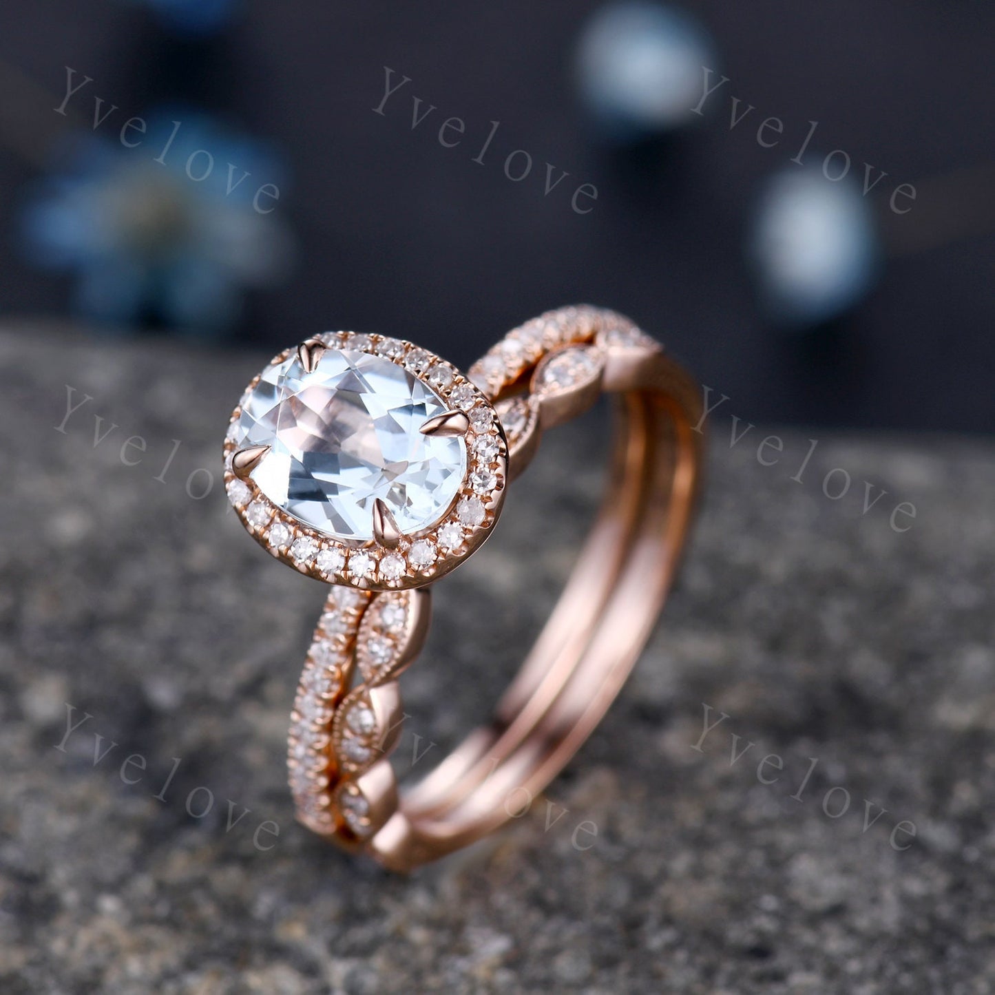 Aquamarine ring set Aquamarine engagement ring diamond ring 6x8mm oval cut natural gemstone milgrain diamond wedding band 14k rose gold