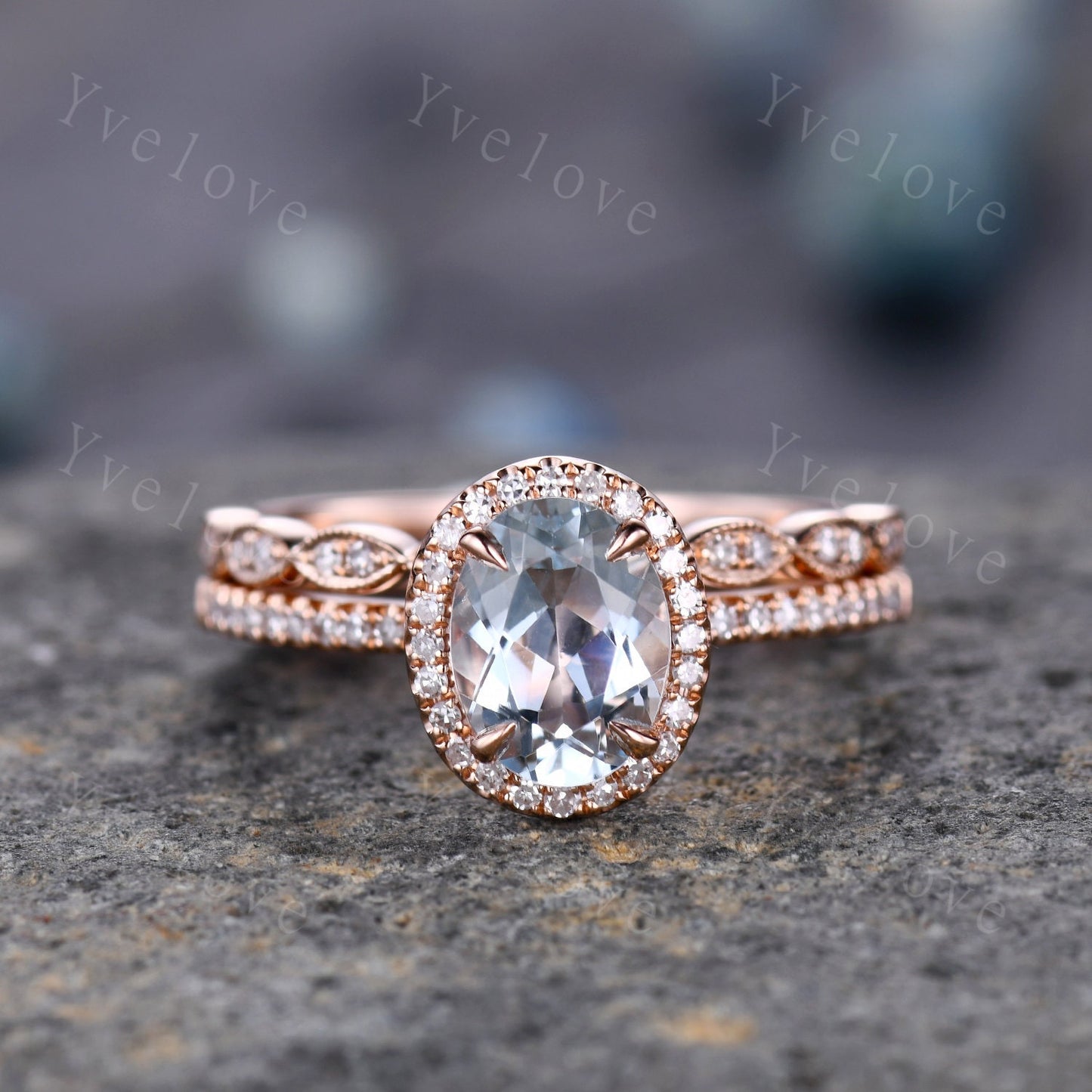 Aquamarine ring set Aquamarine engagement ring diamond ring 6x8mm oval cut natural gemstone milgrain diamond wedding band 14k rose gold