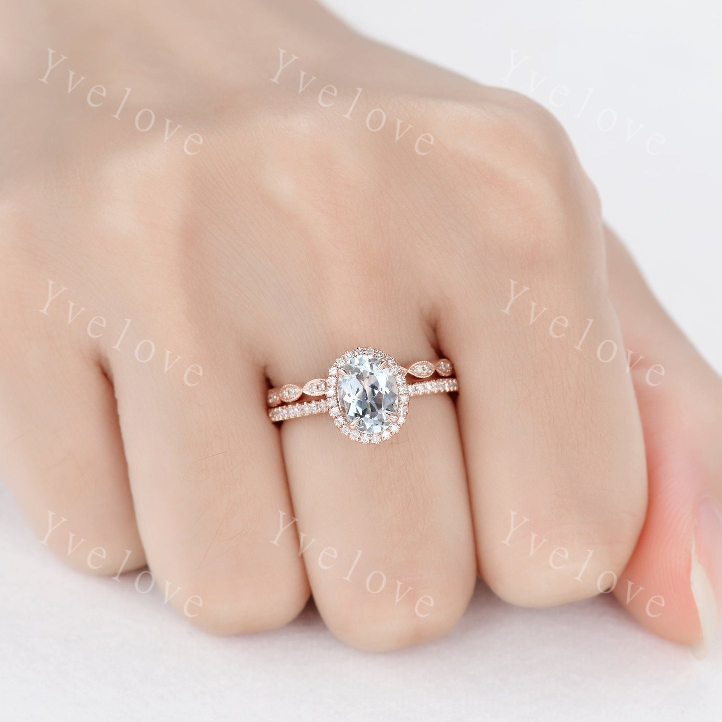 Aquamarine ring set Aquamarine engagement ring diamond ring 6x8mm oval cut natural gemstone milgrain diamond wedding band 14k rose gold