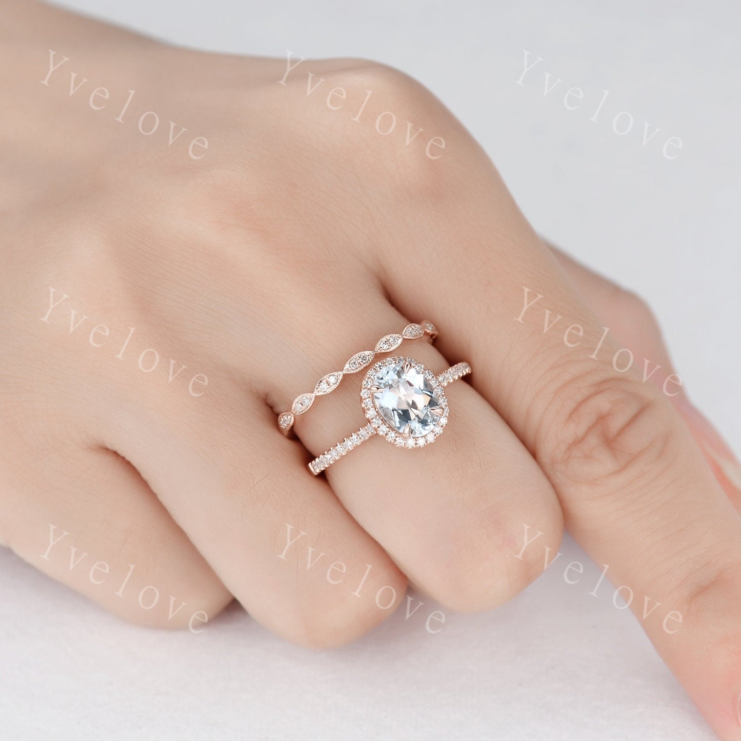 Aquamarine ring set Aquamarine engagement ring diamond ring 6x8mm oval cut natural gemstone milgrain diamond wedding band 14k rose gold