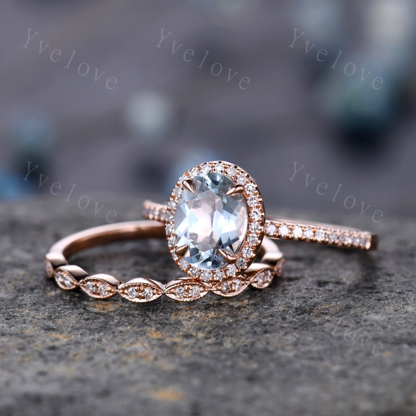 Aquamarine ring set Aquamarine engagement ring diamond ring 6x8mm oval cut natural gemstone milgrain diamond wedding band 14k rose gold
