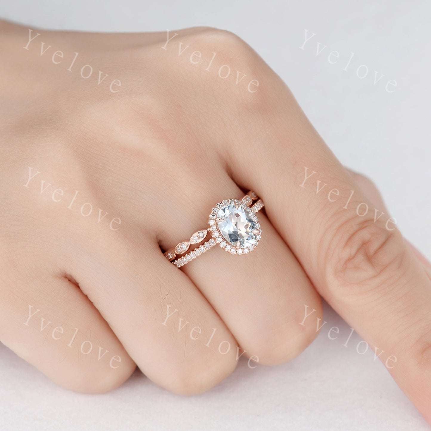 Aquamarine ring set Aquamarine engagement ring diamond ring 6x8mm oval cut natural gemstone milgrain diamond wedding band 14k rose gold