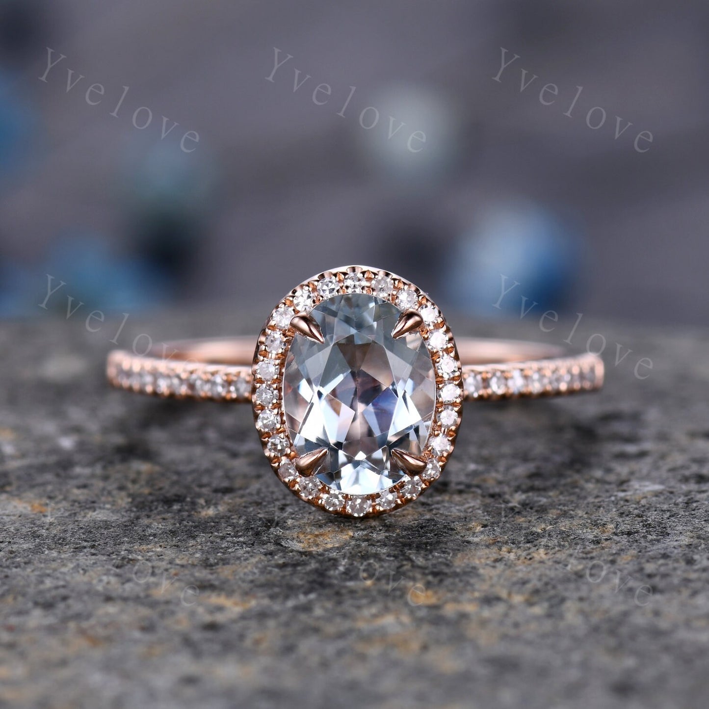 Aquamarine engagement ring rose gold promise ring 6x8mm oval cut natural VS aquamarine solid 14k diamond band halo ring custom ring