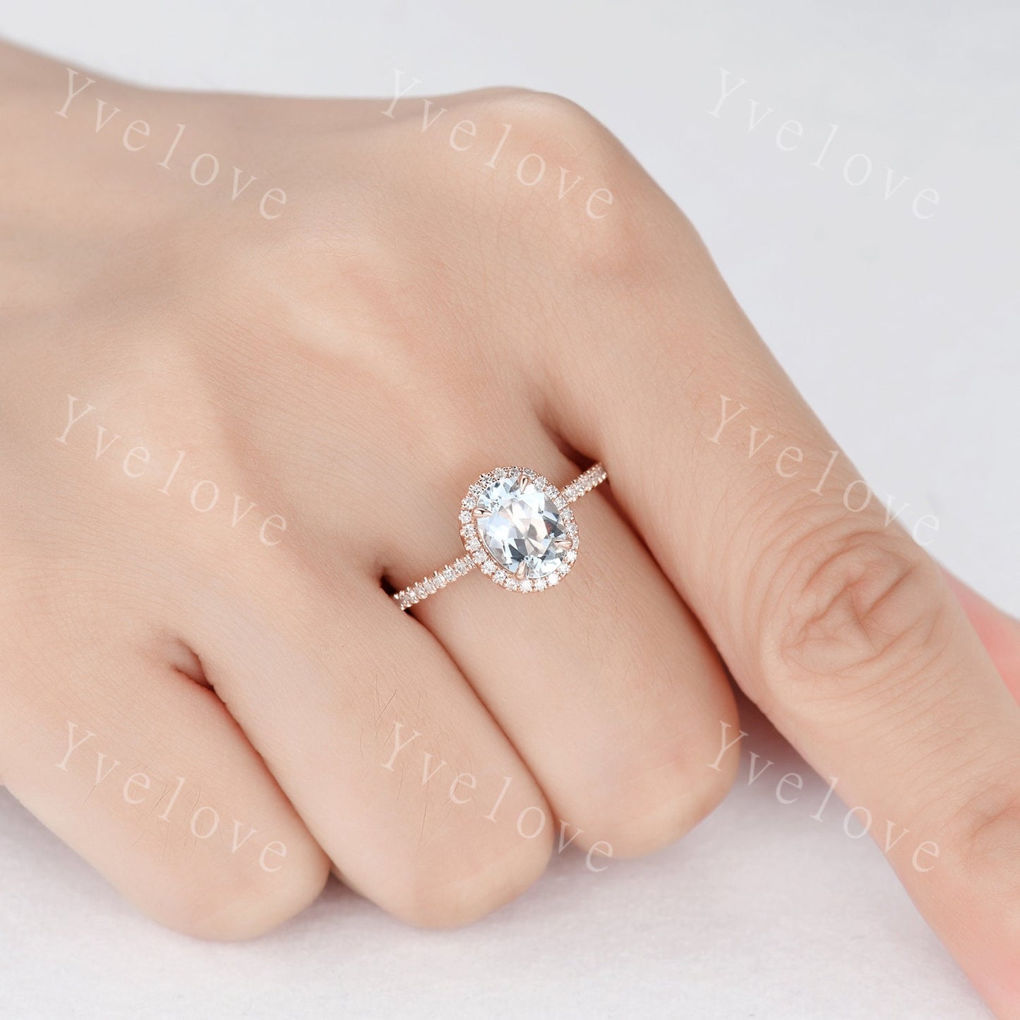 Aquamarine engagement ring rose gold promise ring 6x8mm oval cut natural VS aquamarine solid 14k diamond band halo ring custom ring