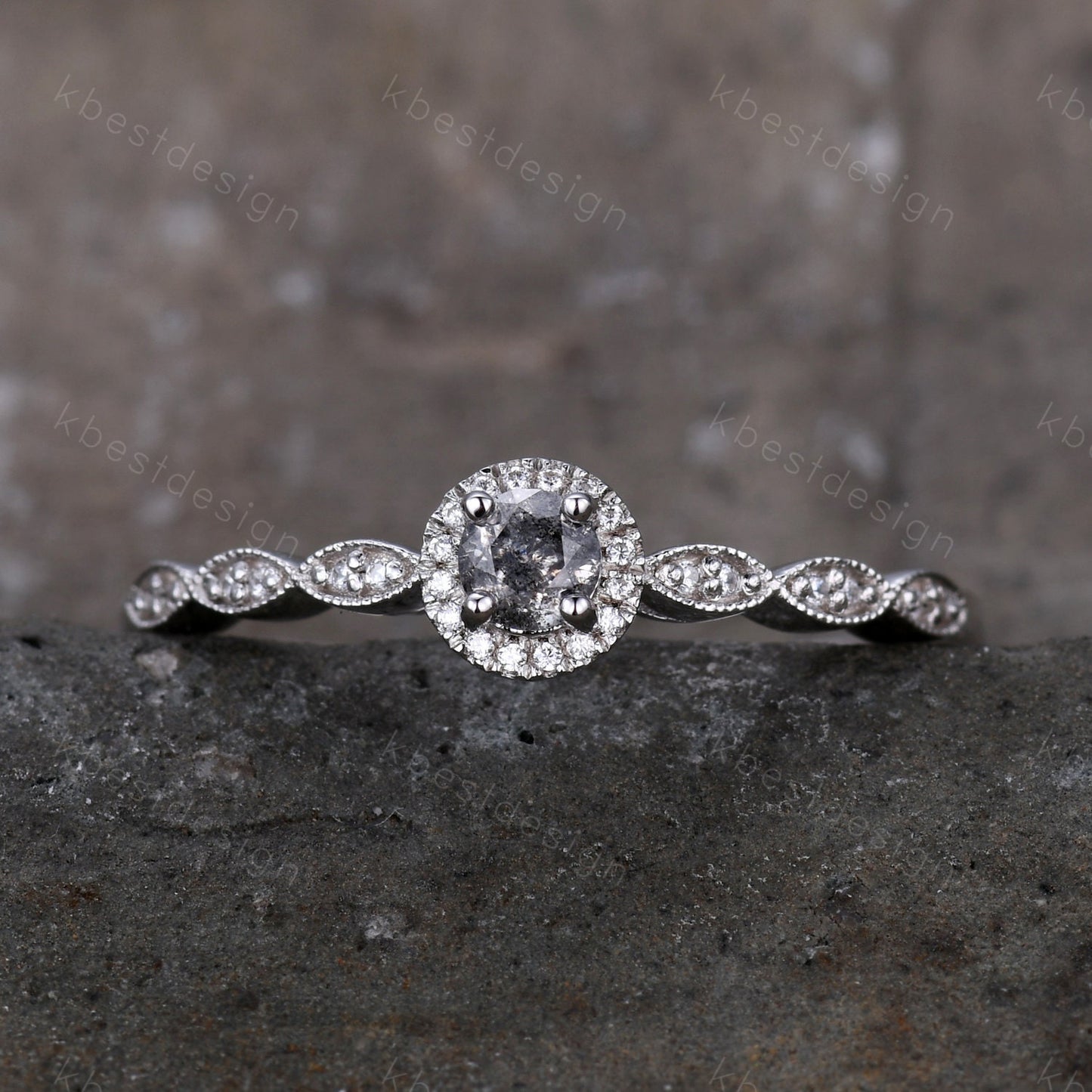 Vintage Salt and Pepper Diamond Engagement Ring Rose Gold Ring Dainty Halo Wedding Ring Art deco Wedding Ring Bridal Anniversary Ring