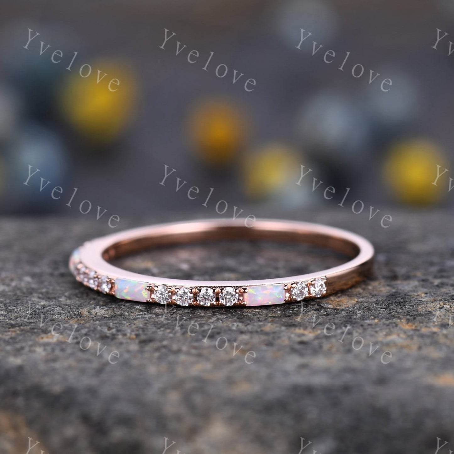 White Fire Opal Diamond Wedding Ring,Baguette Opal,Minimalist Ring,1.5mm Pave Band,14K Rose Gold,Half Eternity StackingBand,Anniversary Gift