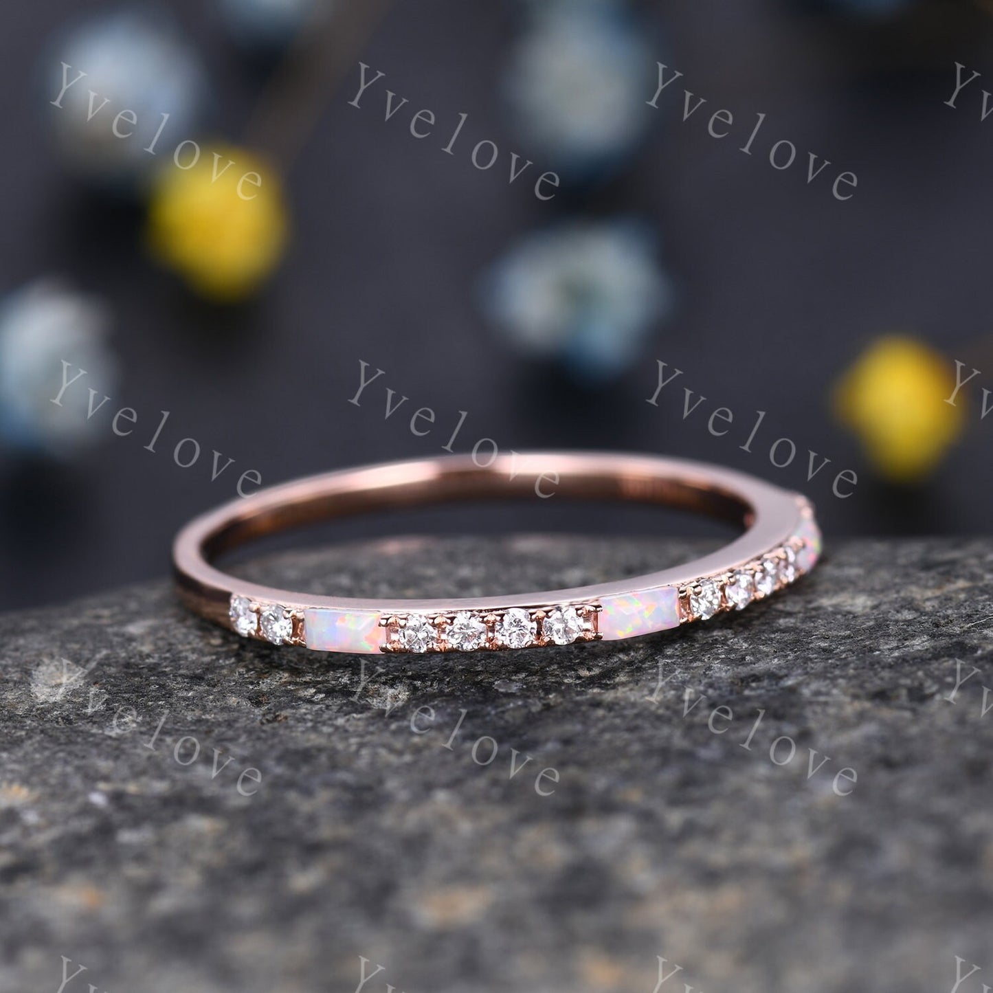 White Fire Opal Diamond Wedding Ring,Baguette Opal,Minimalist Ring,1.5mm Pave Band,14K Rose Gold,Half Eternity StackingBand,Anniversary Gift