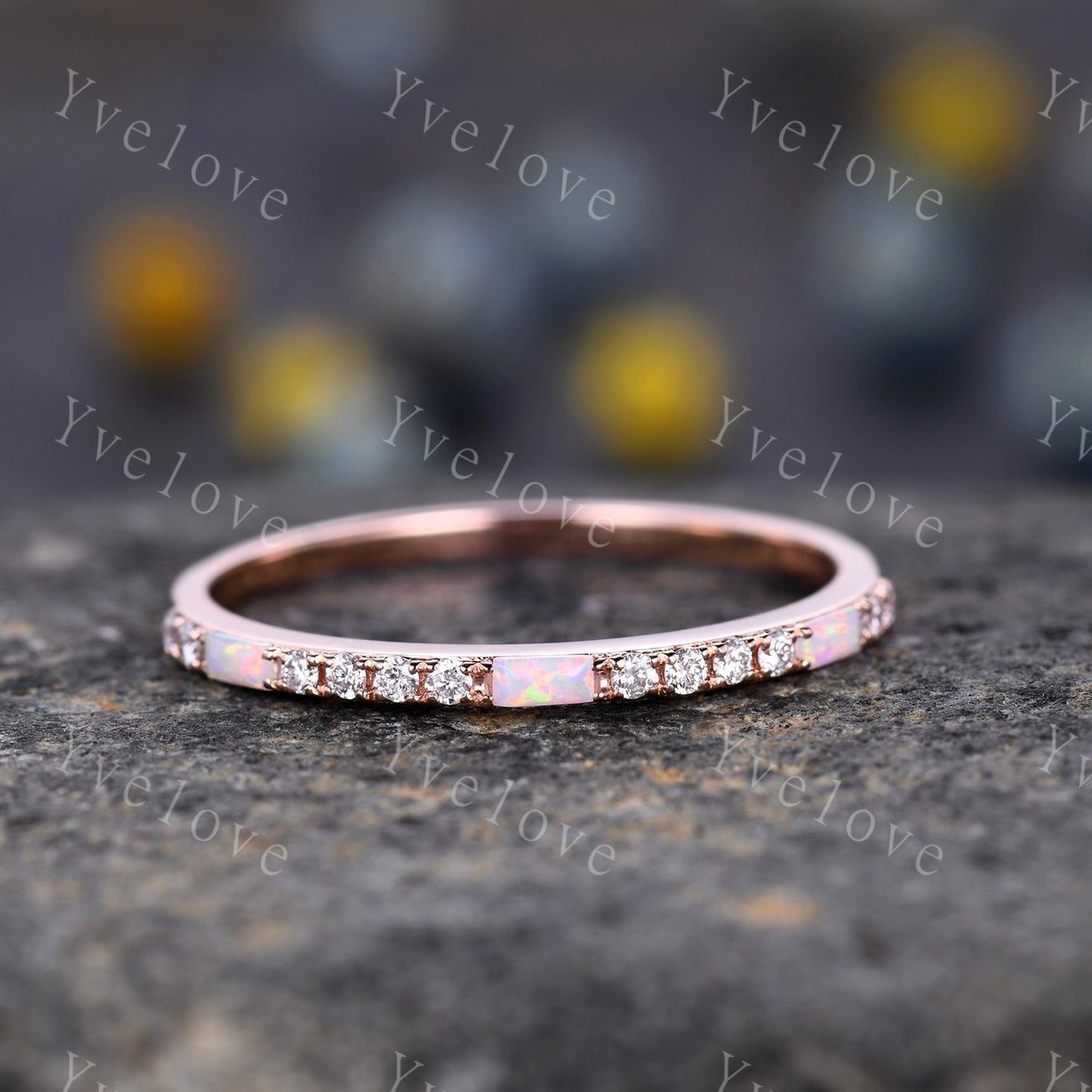 White Fire Opal Diamond Wedding Ring,Baguette Opal,Minimalist Ring,1.5mm Pave Band,14K Rose Gold,Half Eternity StackingBand,Anniversary Gift
