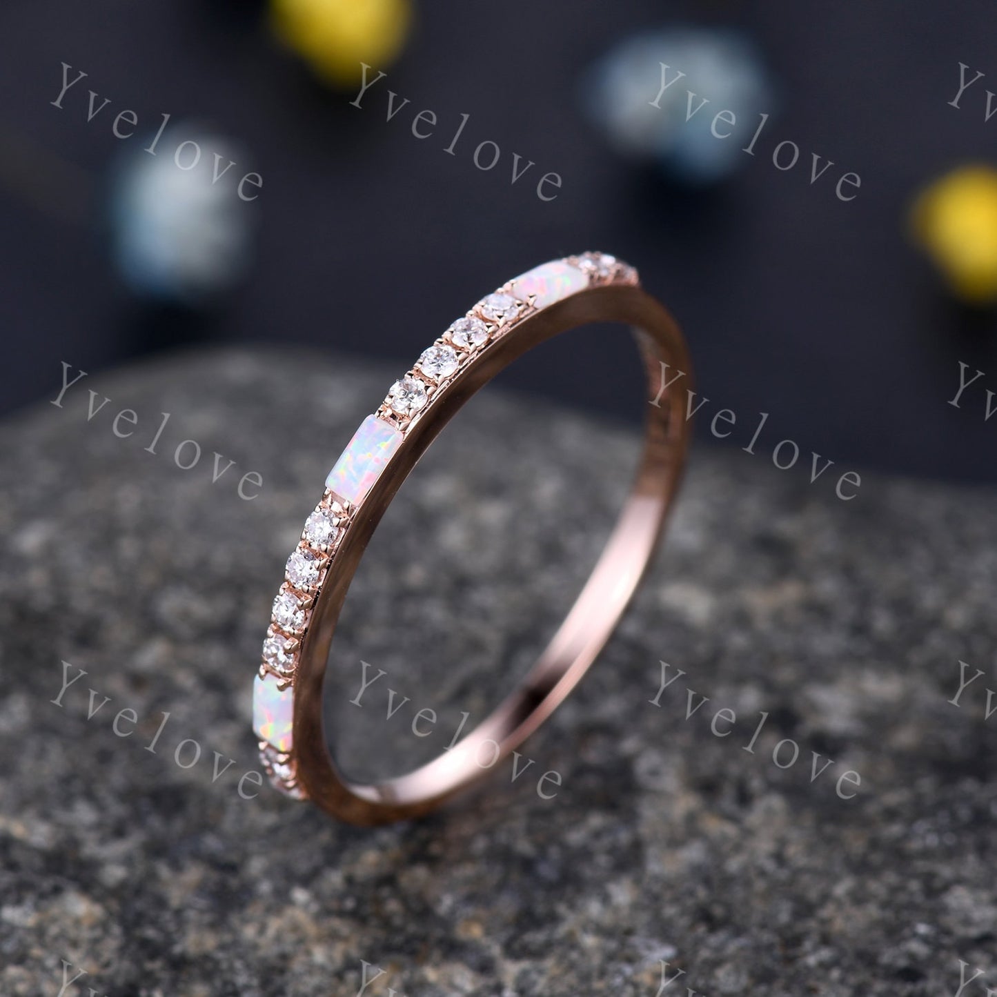 White Fire Opal Diamond Wedding Ring,Baguette Opal,Minimalist Ring,1.5mm Pave Band,14K Rose Gold,Half Eternity StackingBand,Anniversary Gift