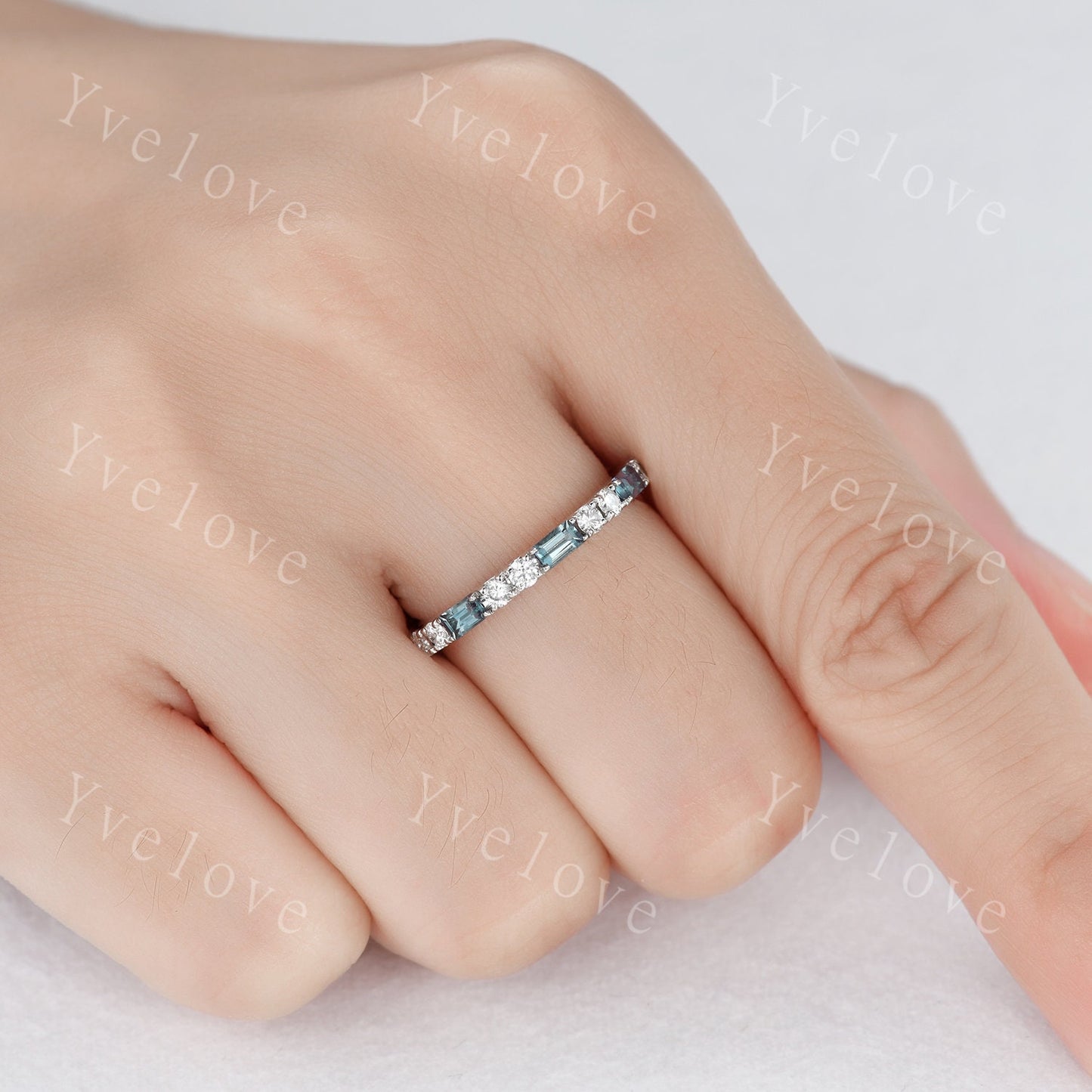 Baguette Cut Alexandrite and Diamond Wedding Ring  Half Eternity Band Stacking Match Ring 14K White Gold Anniversary Gift For Her Customized