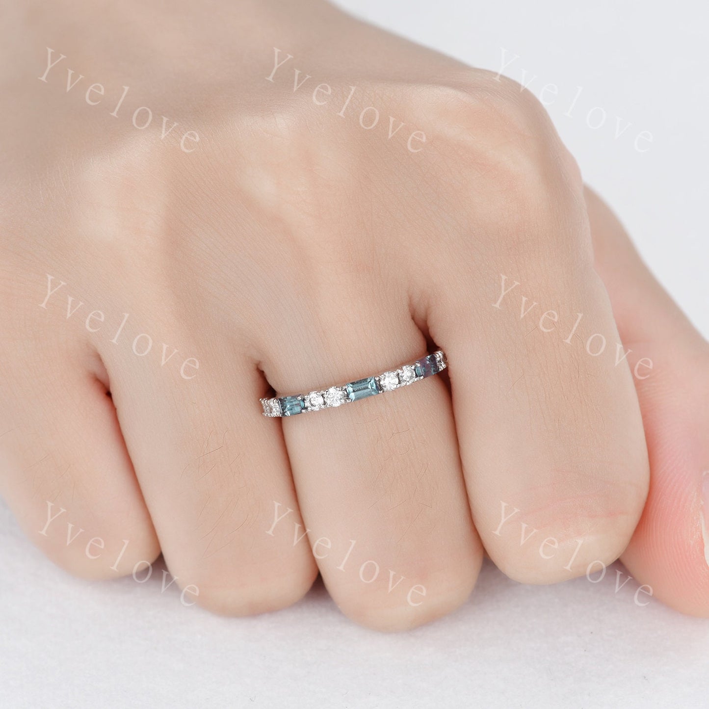 Baguette Cut Moss Agate and Diamond Wedding Ring Half Eternity Band Stacking Match Ring 14K White Gold Anniversary Gift For Her Customized