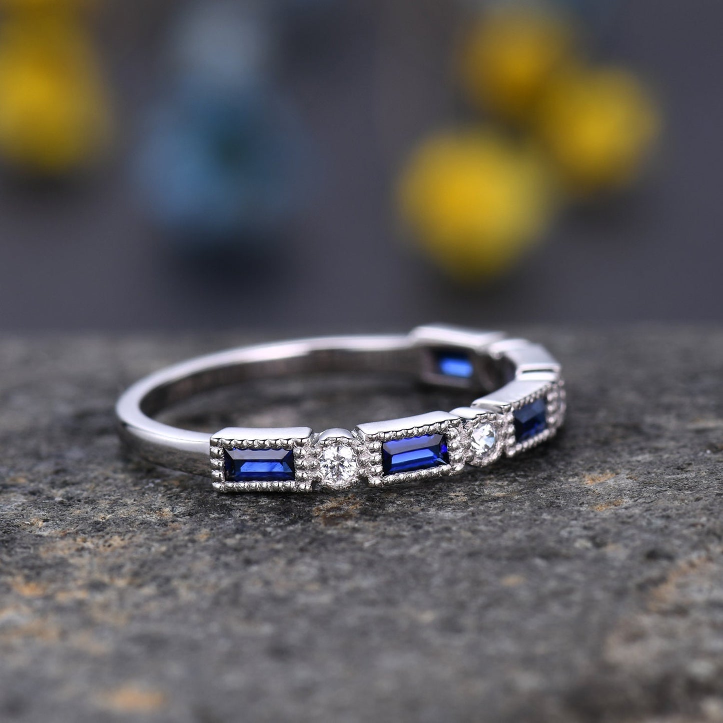 Half eternity sapphire diamond wedding band baguette cut sapphire natural diamond engagemnt band promise matching band birthday gift for her