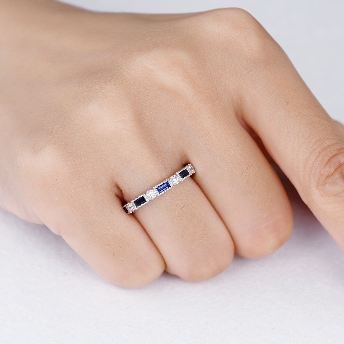 Half eternity sapphire diamond wedding band baguette cut sapphire natural diamond engagemnt band promise matching band birthday gift for her