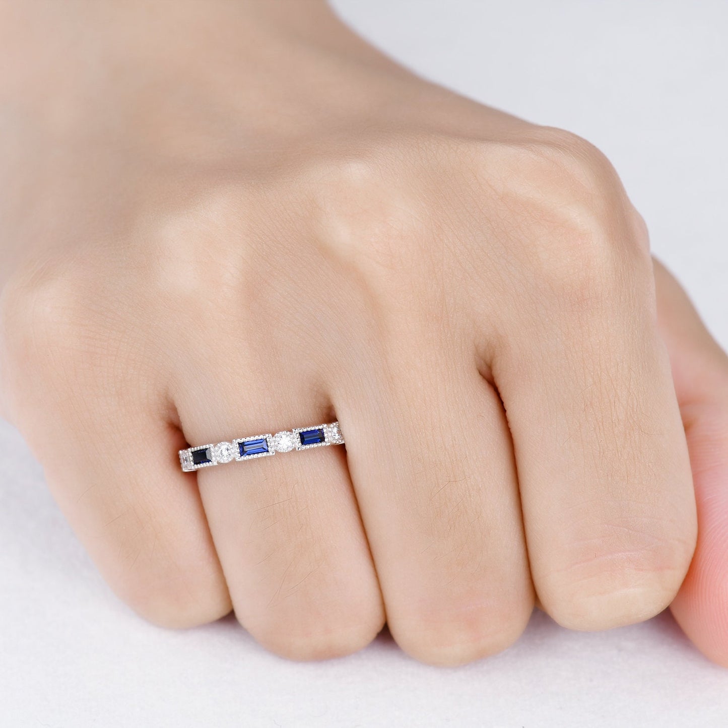 Half eternity sapphire diamond wedding band baguette cut sapphire natural diamond engagemnt band promise matching band birthday gift for her