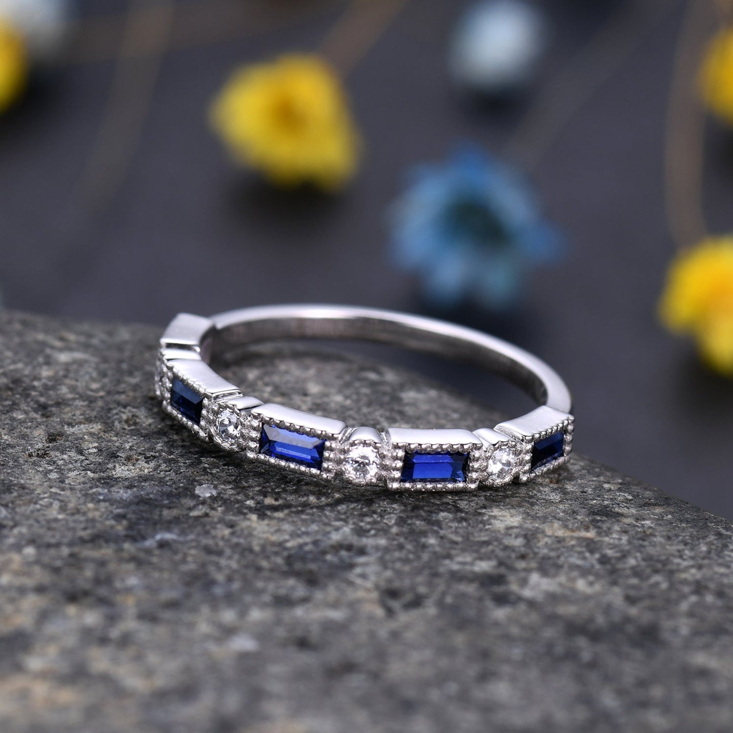 Half eternity sapphire diamond wedding band baguette cut sapphire natural diamond engagemnt band promise matching band birthday gift for her