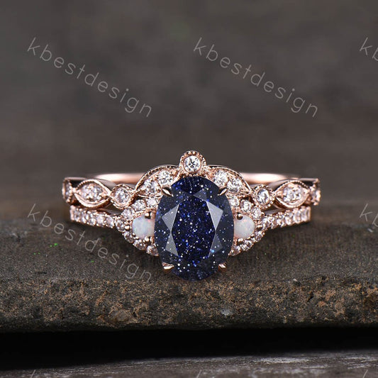 Vintage Blue Sandstone Engagement Ring set Unique Rose Gold Oval cut Bridal set Art deco curved stacking band promise anniversary rings