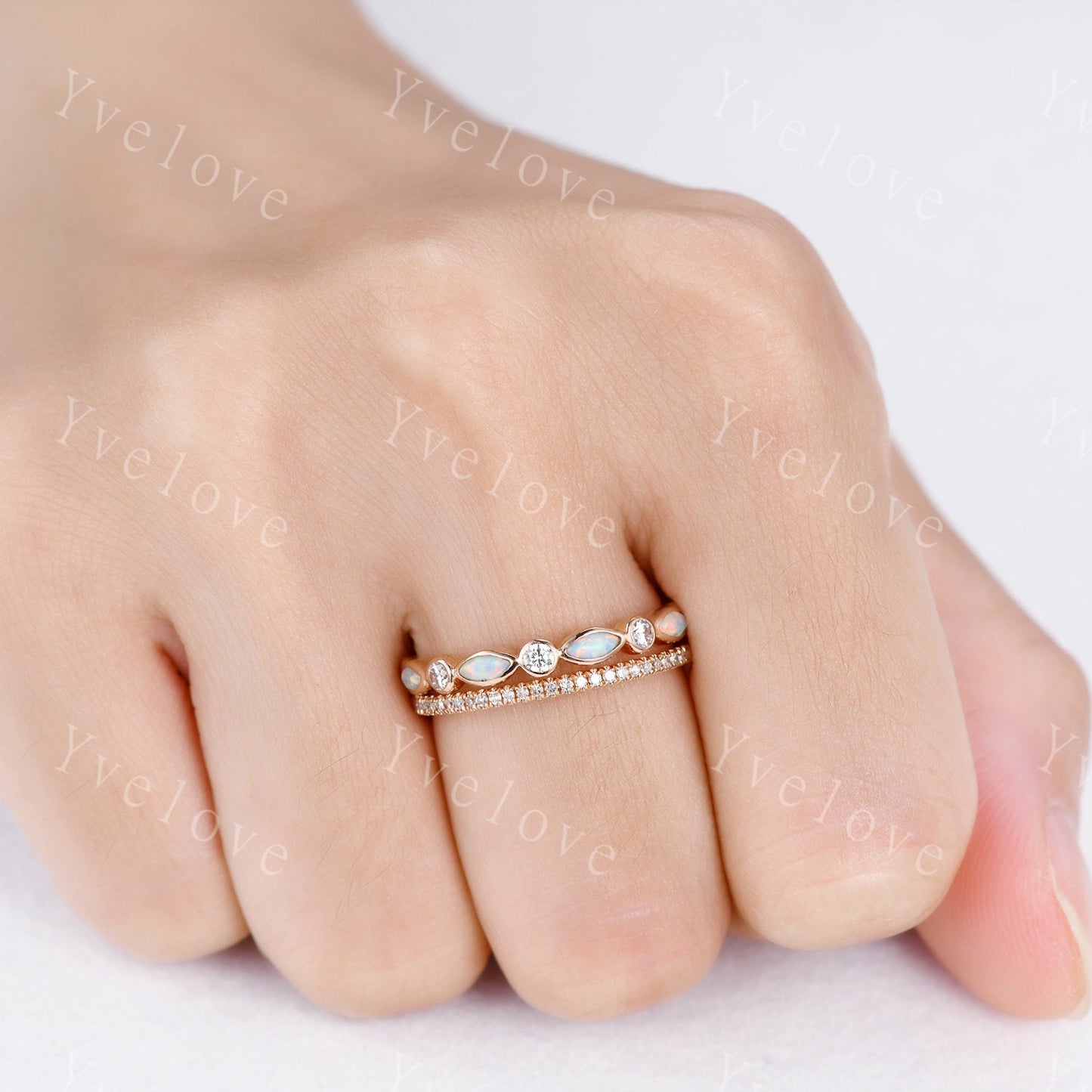Full eternity Opal diamond wedding ring set 14k rose gold half eternity diamond wedding band  October Birthstone stacking matching band