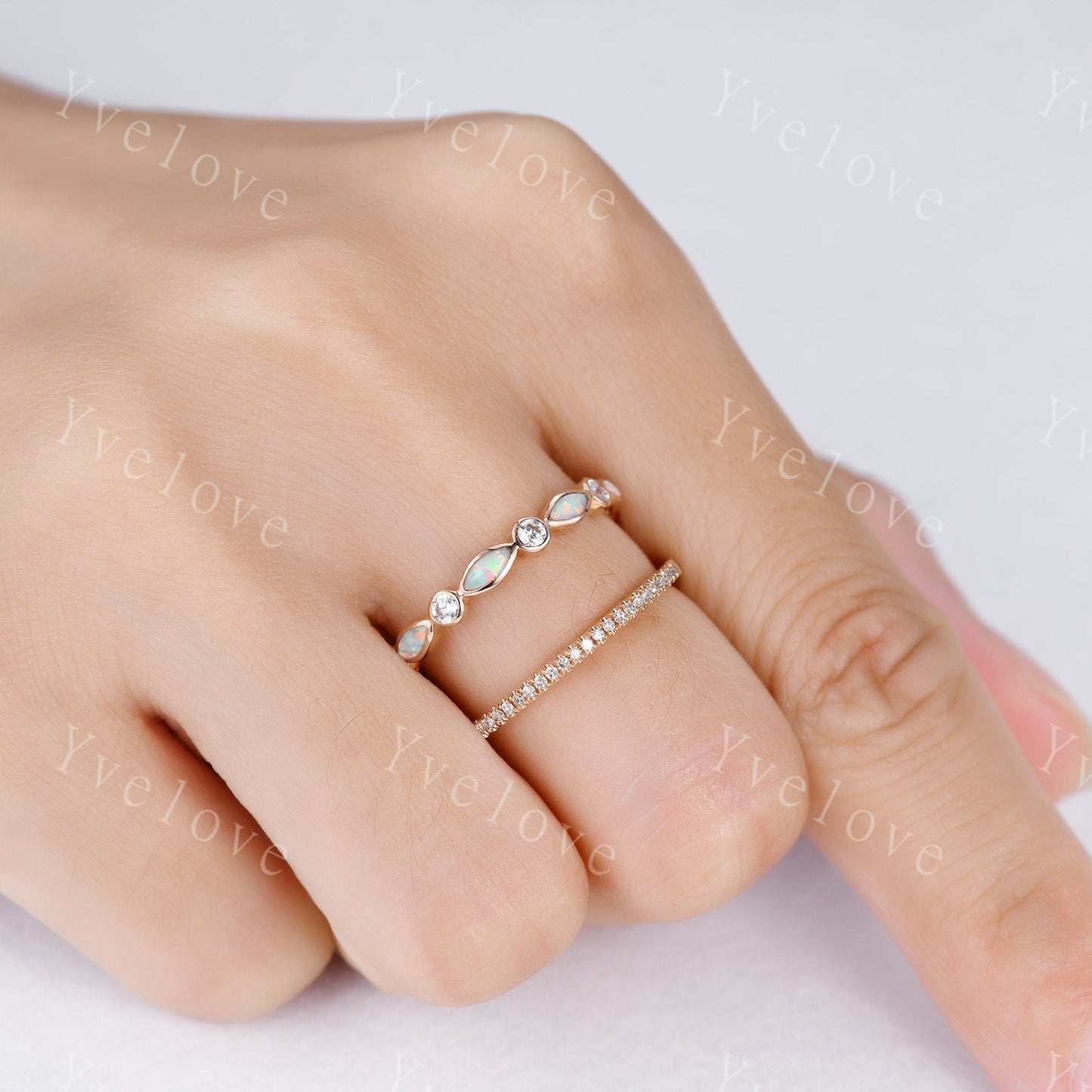 Full eternity Opal diamond wedding ring set 14k rose gold half eternity diamond wedding band  October Birthstone stacking matching band
