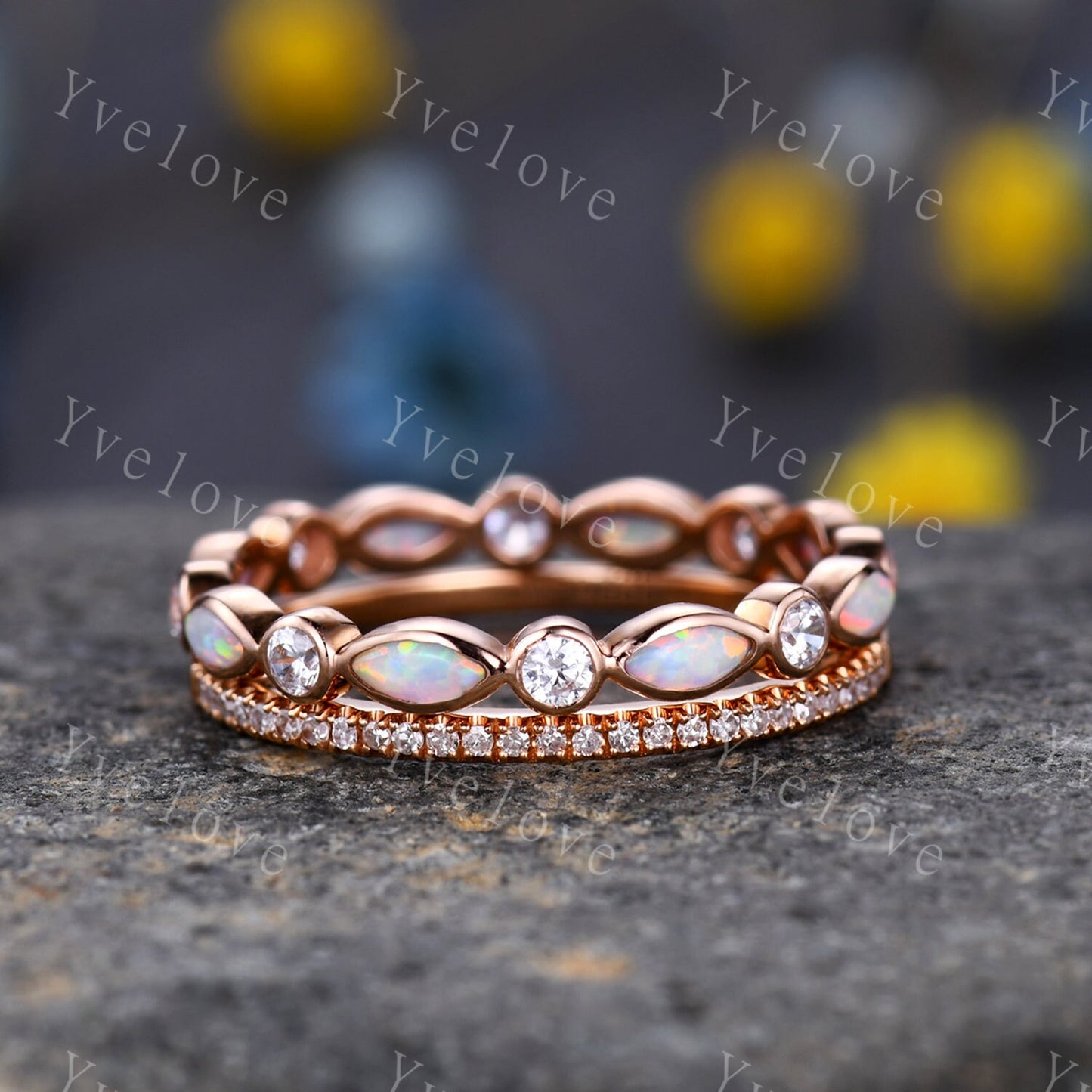 Full eternity Opal diamond wedding ring set 14k rose gold half eternity diamond wedding band  October Birthstone stacking matching band