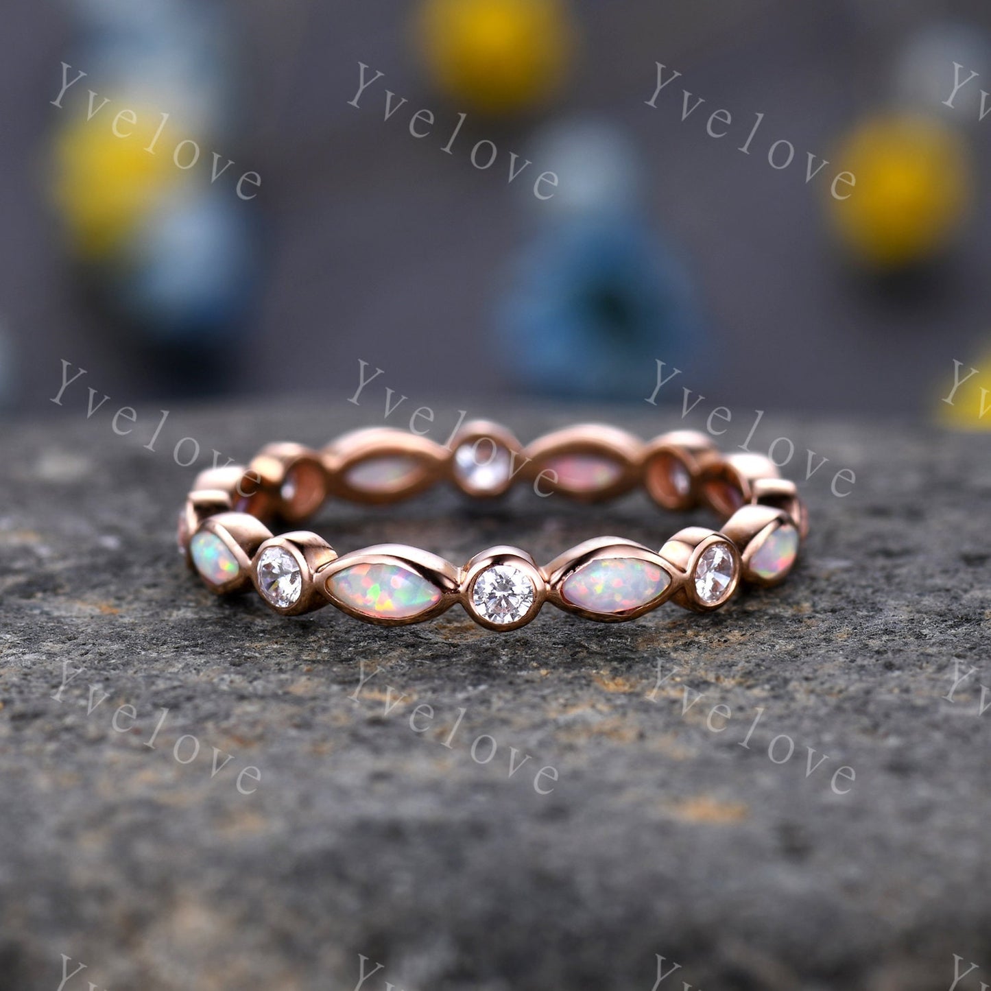 Full eternity Opal diamond wedding ring set 14k rose gold half eternity diamond wedding band  October Birthstone stacking matching band
