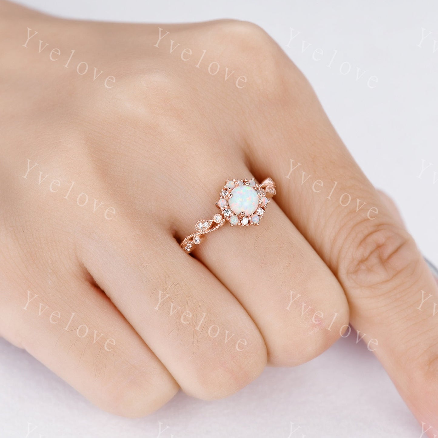 Vintage Opal Engagement Ring Rose Gold  White Opal Diamond Wedding Ring Bridal Ring October Birthstone For Women Promise Anniversary Gift
