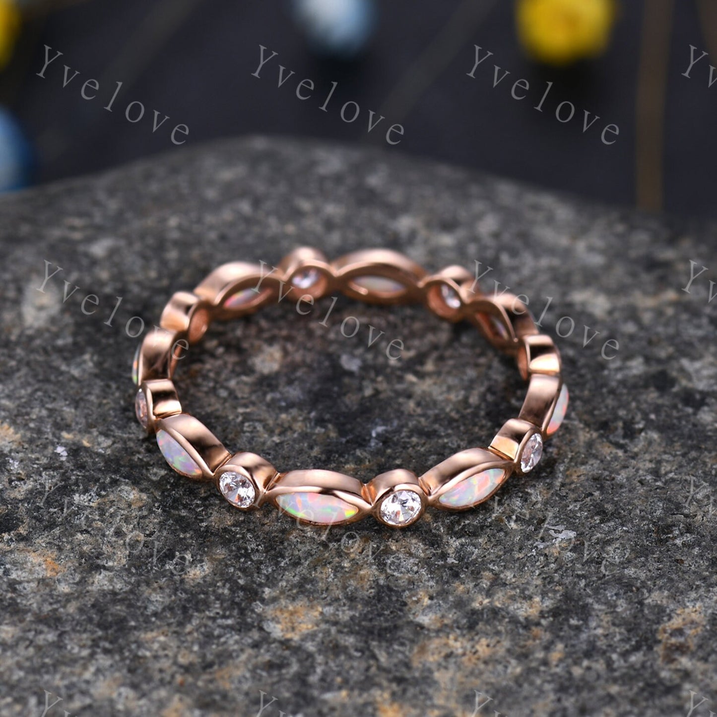Full eternity white fire Opal wedding ring 14k rose gold diamond wedding band  marquise opal band October Birthstone stacking matching band