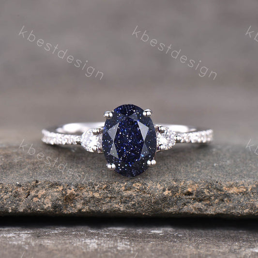 Blue Sandstone Engagement Ring Oval Cut Vintage Galaxy Three Stone Ring 925 Sterling Silver Ring Unique Diamond Promise Ring For Women