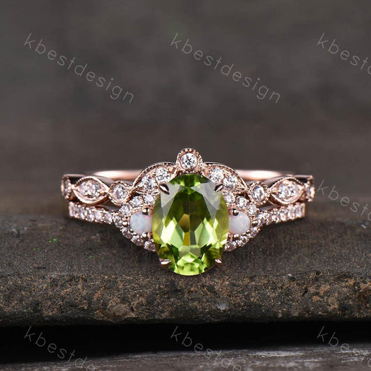 Vintage Peridot Engagement Ring Set Oval Green Peridot Ring Rose Gold Art Deco Stacking Band August Birthstone Ring Promise Bridal Set