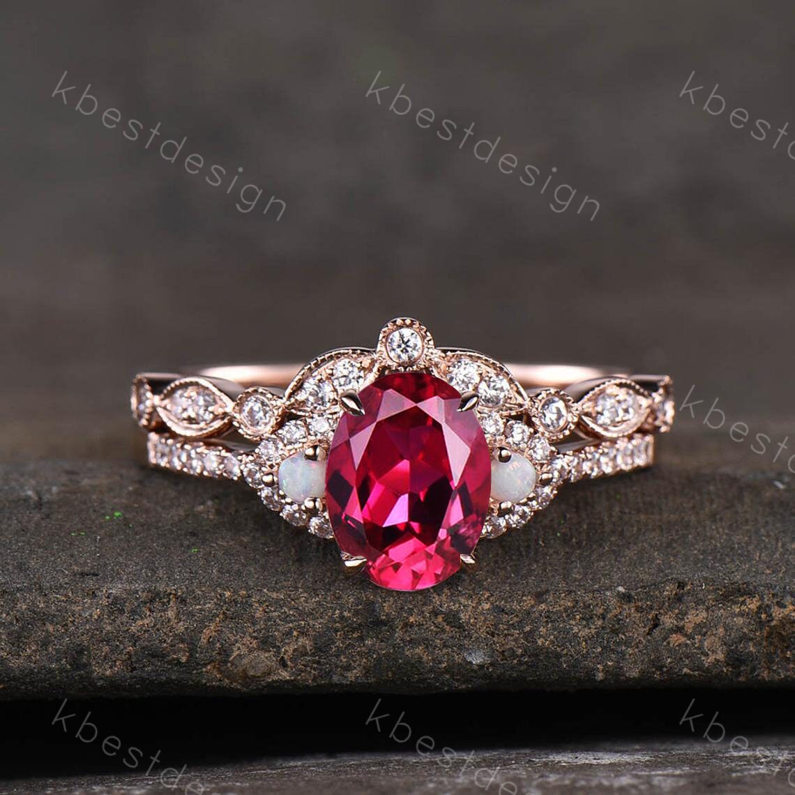 Vintage Ruby Bridal Set/ Oval Ruby Engagement Ring Set/ 14K Rose Gold Rings/ Engagement Promise Ring/ July Birthstone/ Anniversary Gift