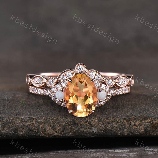 Natural Citrine Wedding Ring Set, Oval Citrine Opal Engagement Ring, Unique Curved Stacking Band, Art Deco Bridal Wedding Set, Promise Gift