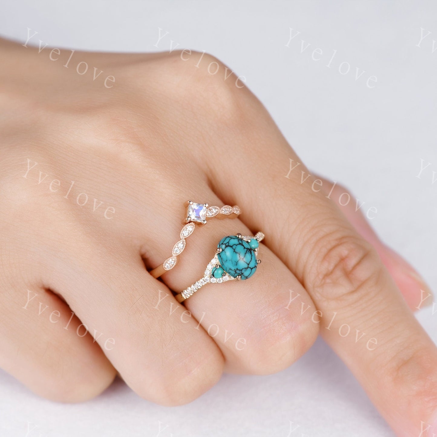 Turquoise Ring Set 14k Rose Gold Turquoise Engagement Ring Set Moonstone Stacking Band December Birthstone  Diamond Wedding Band Women Gift