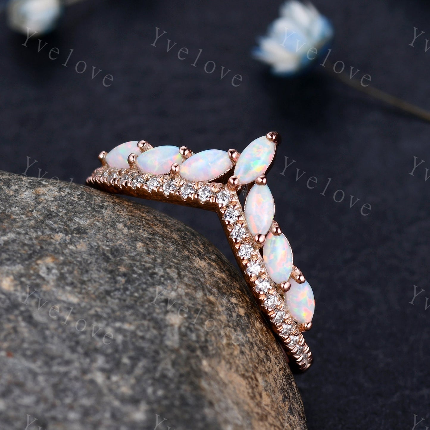 Multi-Gemstone Ring,White Fire Opal Rings for Women, 14k Rose Gold Opal Engagement Ring, Opal Wedding Ring,Promise Ring, Statement Ring