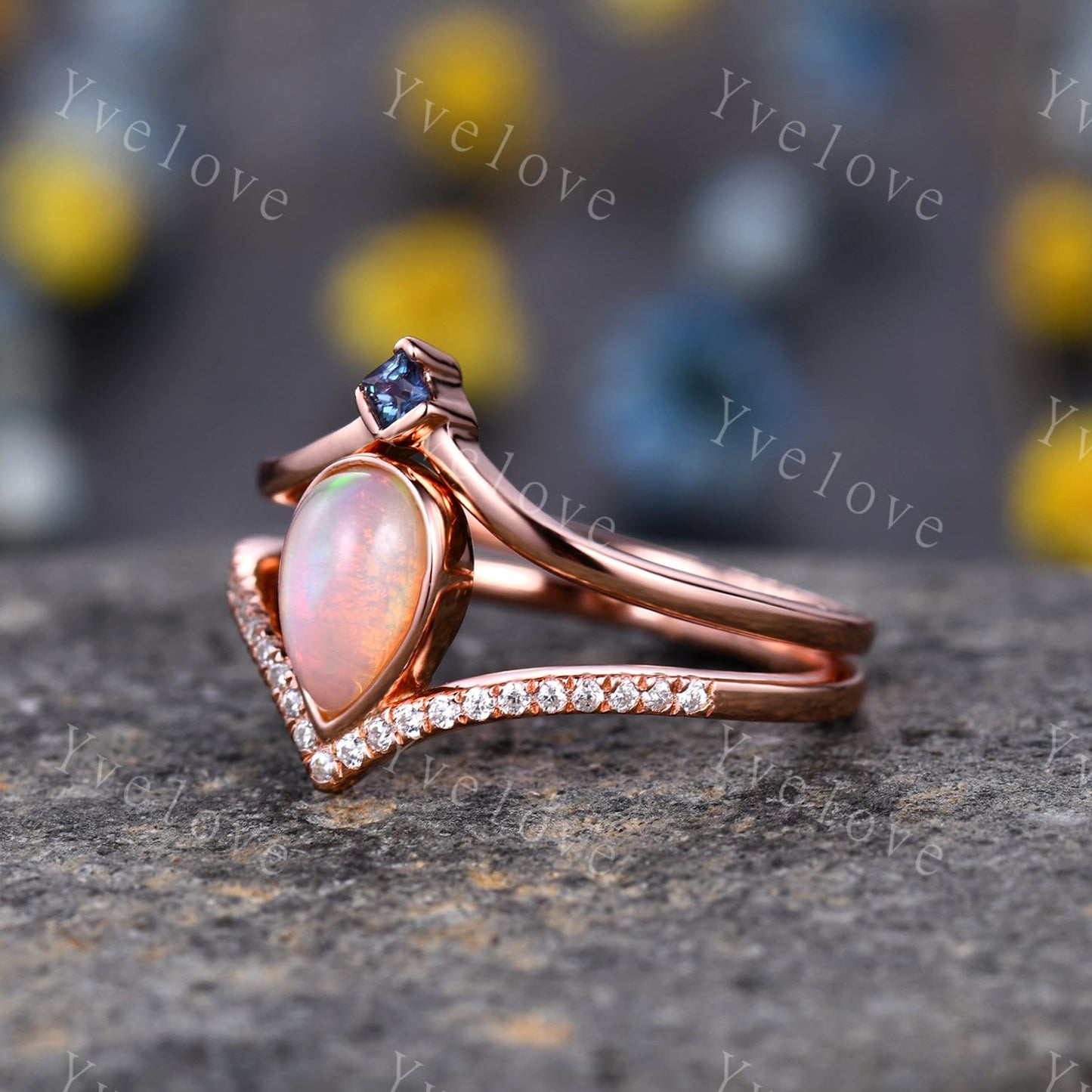 Natural Opal Ring, Opal Wedding Ring Set, 2mm Alexandrite band, Rose Gold Opal Engagement Ring, Plain Band, October Birthstone Gift Jewelry