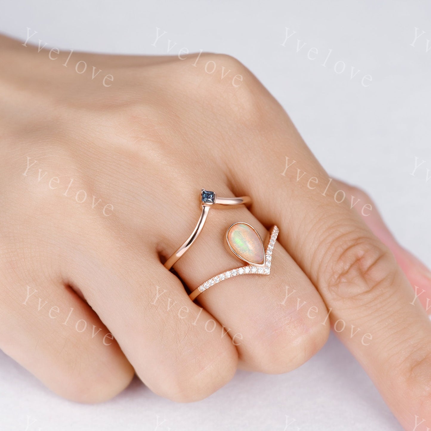 Natural Opal Ring, Opal Wedding Ring Set, 2mm Alexandrite band, Rose Gold Opal Engagement Ring, Plain Band, October Birthstone Gift Jewelry