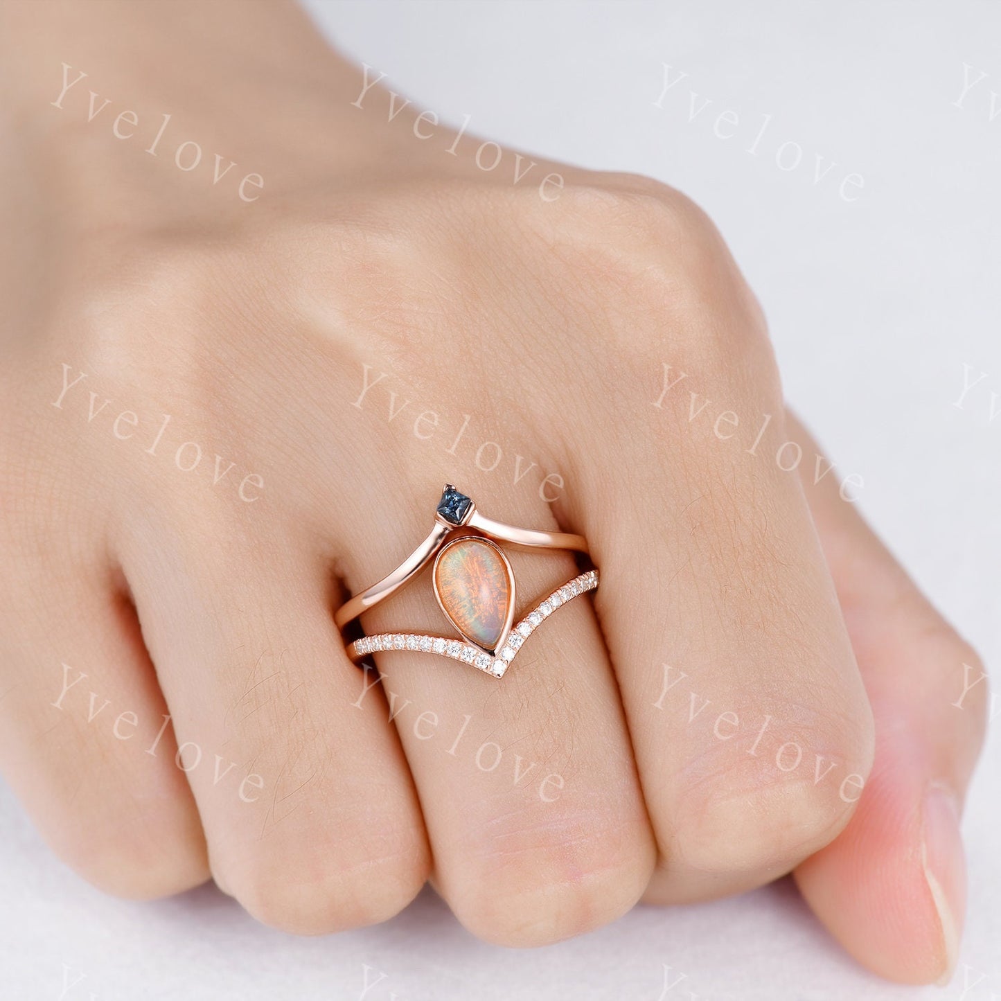 Natural Opal Ring, Opal Wedding Ring Set, 2mm Alexandrite band, Rose Gold Opal Engagement Ring, Plain Band, October Birthstone Gift Jewelry