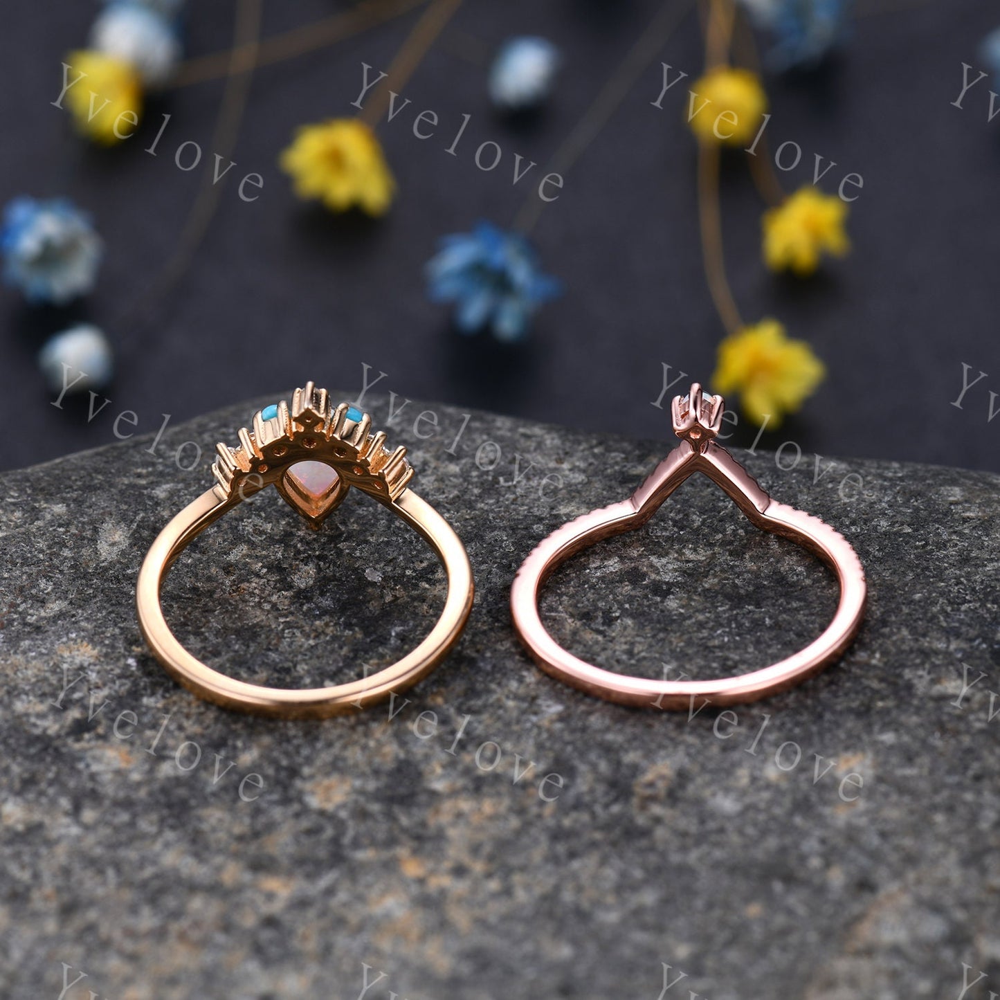Pear Shaped Opal Ring Set,14K Yellow Gold,White  Opal Turquoise Wedding Ring,Bridal Ring Set,V Shaped Curved Stackable Matching Band Gift