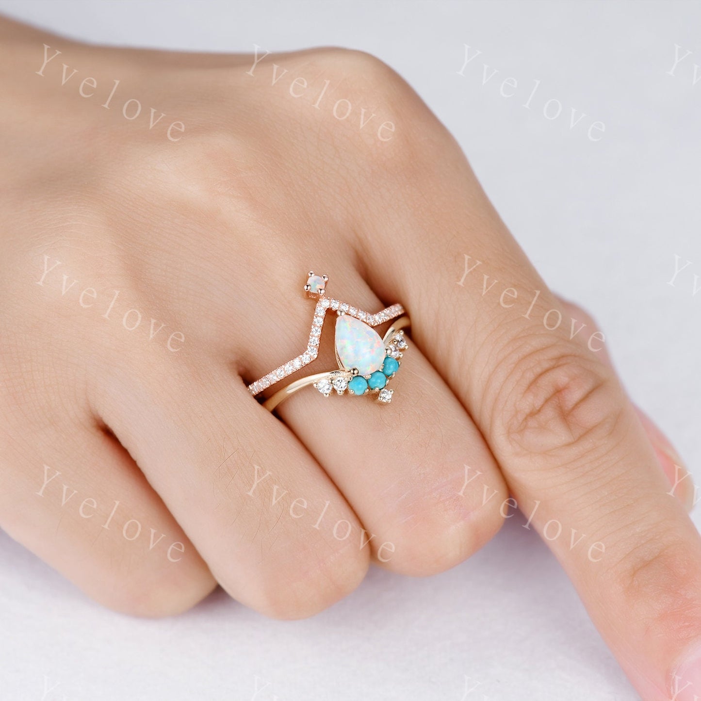 Pear Shaped Opal Ring Set,14K Yellow Gold,White  Opal Turquoise Wedding Ring,Bridal Ring Set,V Shaped Curved Stackable Matching Band Gift
