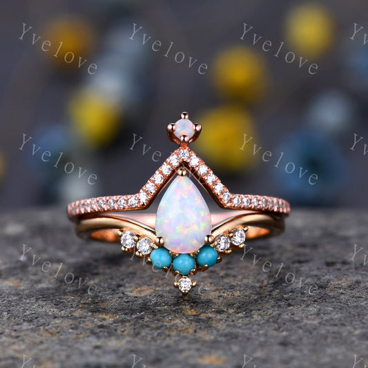 Pear Shaped Opal Ring Set,14K Yellow Gold,White  Opal Turquoise Wedding Ring,Bridal Ring Set,V Shaped Curved Stackable Matching Band Gift