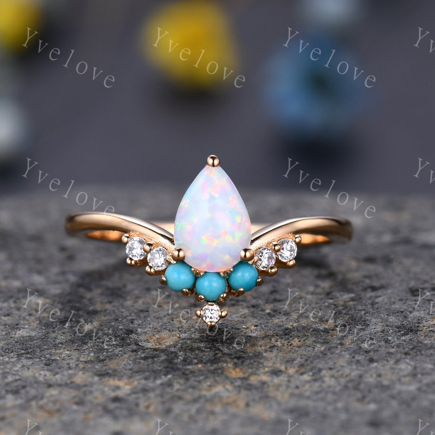 Pear Shaped Opal Ring Set,14K Yellow Gold,White  Opal Turquoise Wedding Ring,Bridal Ring Set,V Shaped Curved Stackable Matching Band Gift