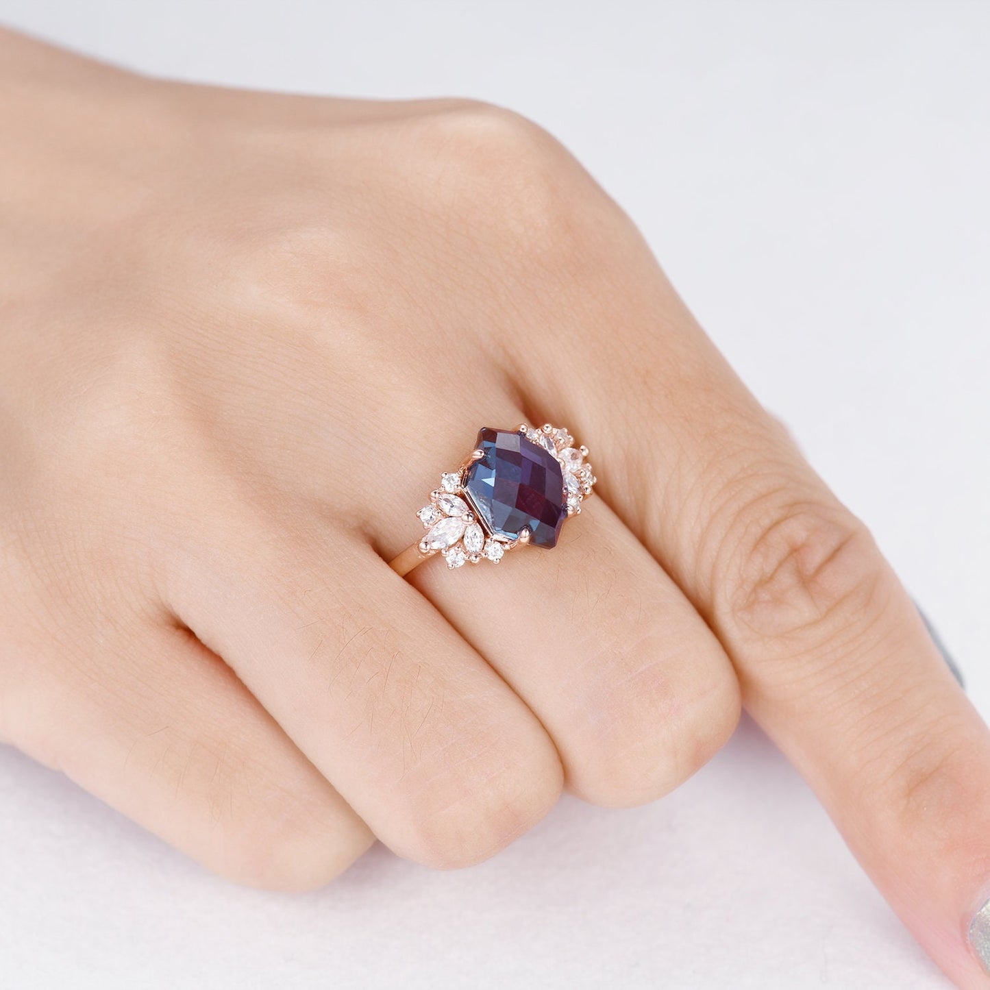 Vintage Alexandrite engagement ring,Unique Hexagon Alexandrite Ring,Cluster Diamond Ring,Bridal Wedding Ring For Women Gift,Statement Ring